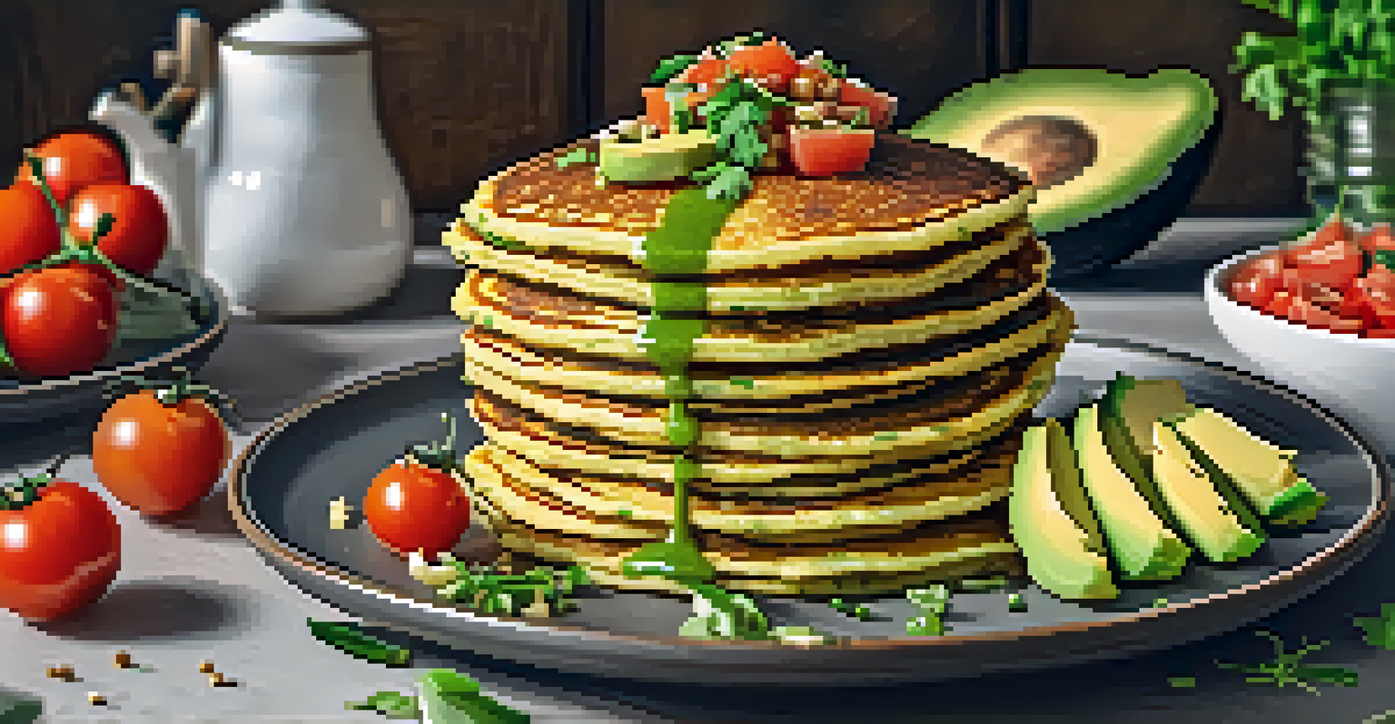 Savory chickpea pancakes topped with avocado and salsa on a plate in a cozy kitchen.
