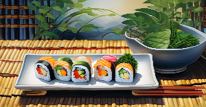 A colorful plate of plant-based sushi rolls made from seaweed and tofu, arranged on a bamboo mat with a serene dining atmosphere in the background.