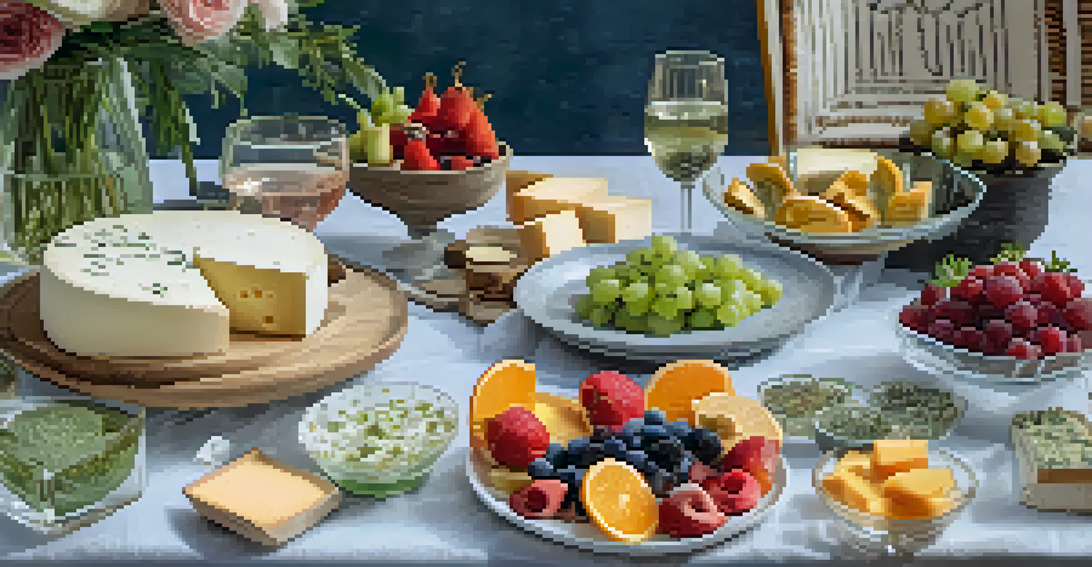 A stylish vegan cheese tasting setup with various cheeses, fruits, dips, and beverages on a table.