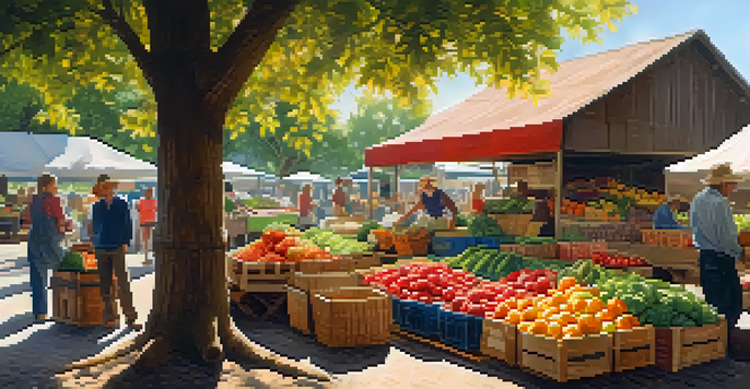 A lively farmer's market with colorful fruits and vegetables under sunlight, featuring diverse people shopping.