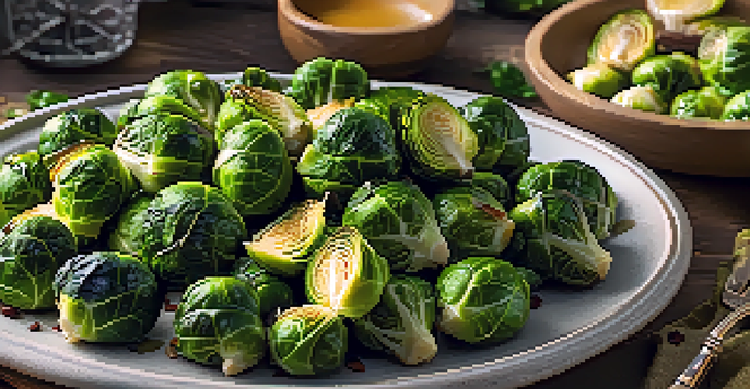 A platter of maple-glazed Brussels sprouts with a crispy texture and shiny glaze, against a rustic wooden table.