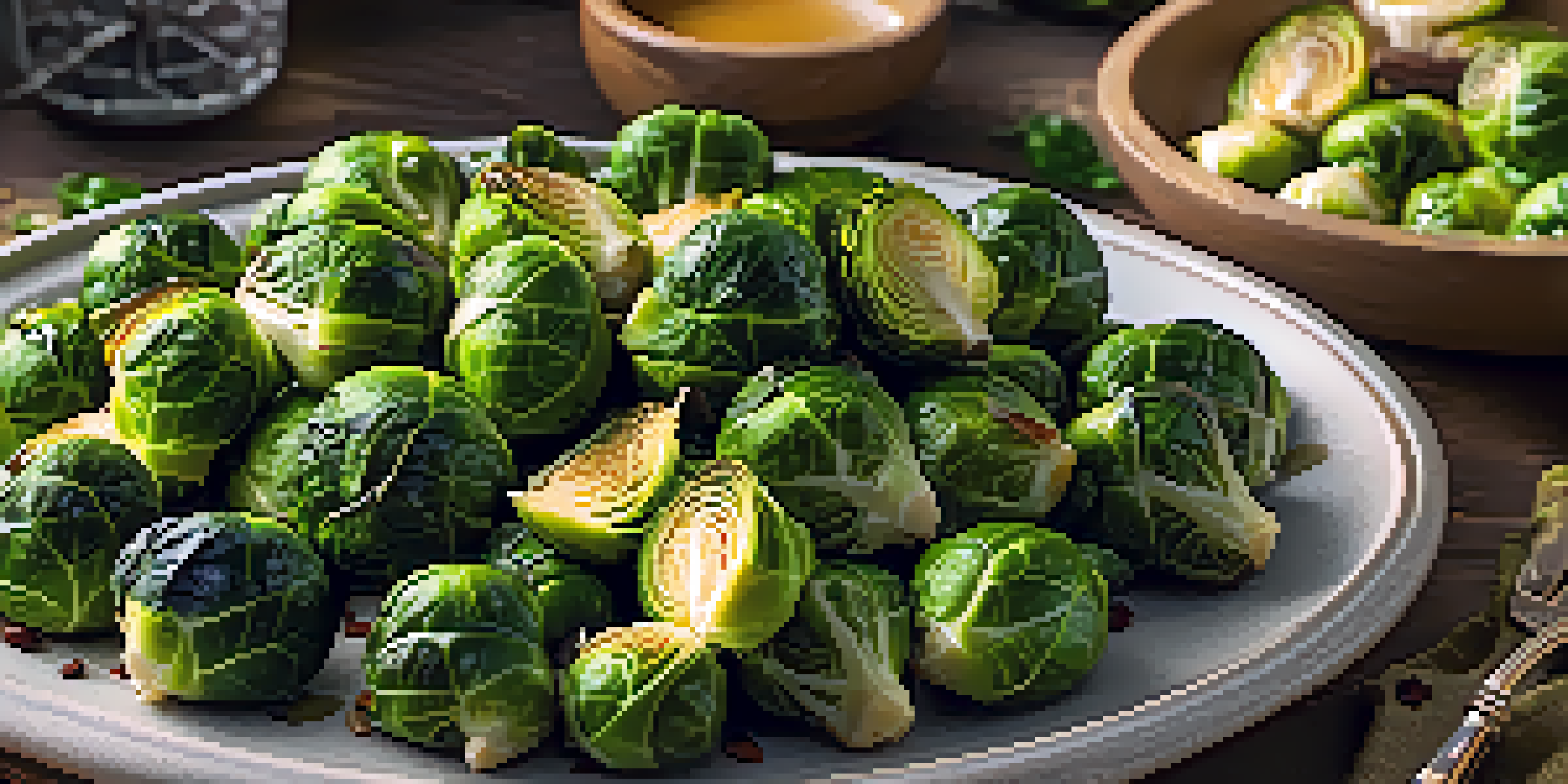 A platter of maple-glazed Brussels sprouts with a crispy texture and shiny glaze, against a rustic wooden table.