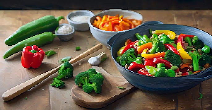 A colorful vegan stir-fry with bell peppers, broccoli, and snap peas in a pan, served over quinoa, illuminated by warm kitchen lighting.