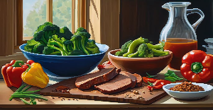 A wooden cutting board with marinated seitan and colorful vegetables in a well-lit kitchen.