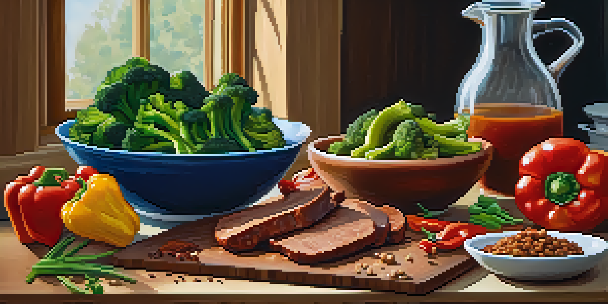 A wooden cutting board with marinated seitan and colorful vegetables in a well-lit kitchen.