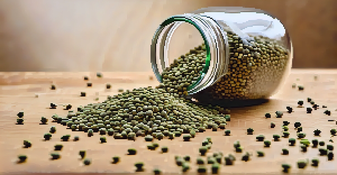 A close-up view of hemp seeds on a wooden surface with a glass jar of hulled seeds and green leaves.