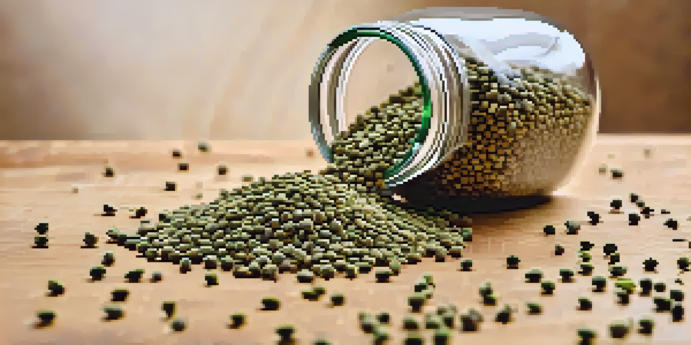 A close-up view of hemp seeds on a wooden surface with a glass jar of hulled seeds and green leaves.