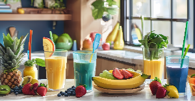 A vibrant smoothie bar with fresh fruits and greens on a kitchen counter, illuminated by morning sunlight, ready for kids to make smoothies.