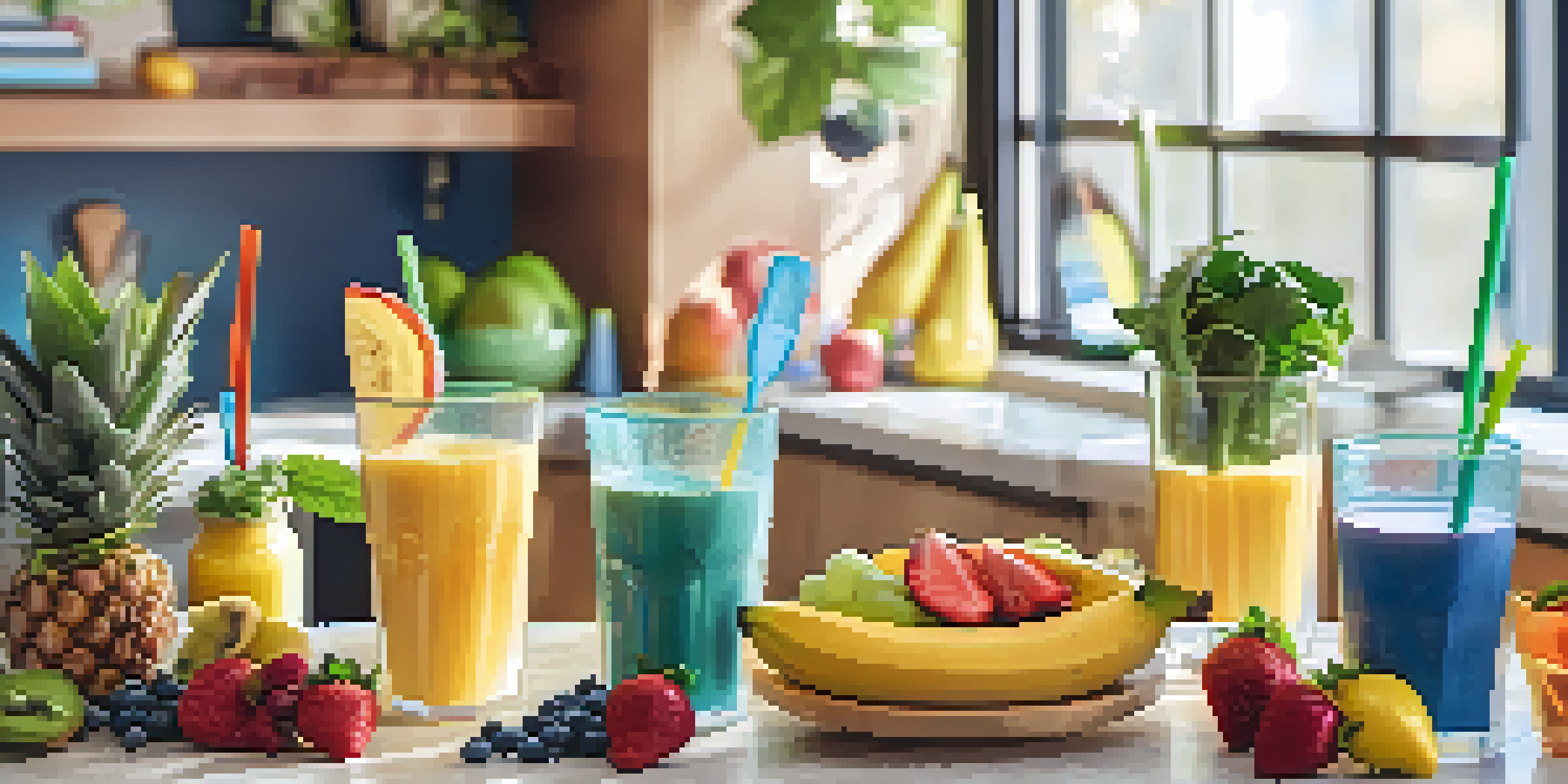 A vibrant smoothie bar with fresh fruits and greens on a kitchen counter, illuminated by morning sunlight, ready for kids to make smoothies.
