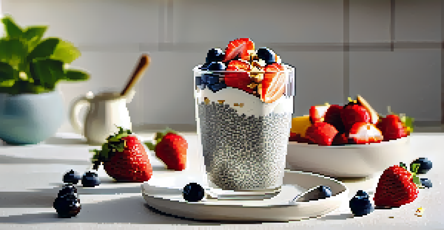 A bowl of chia seed pudding with layers of fresh fruits and granola, placed on a kitchen counter with morning light.