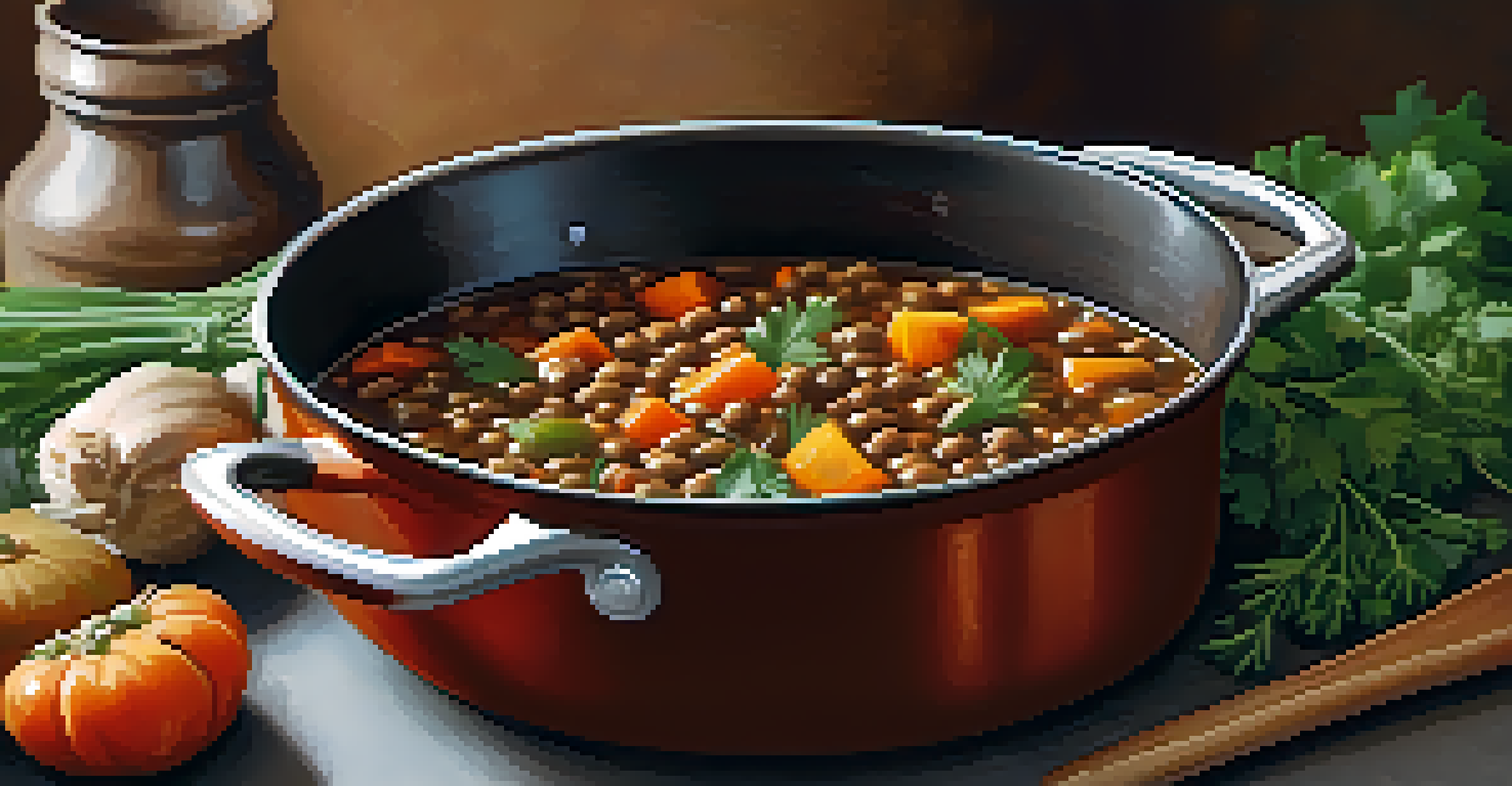 A pot of vegetable lentil stew with herbs on a stove in a cozy kitchen.