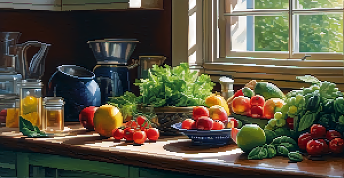 A bright kitchen with colorful fruits and vegetables on a wooden countertop, including a fresh salad bowl, illuminated by sunlight.