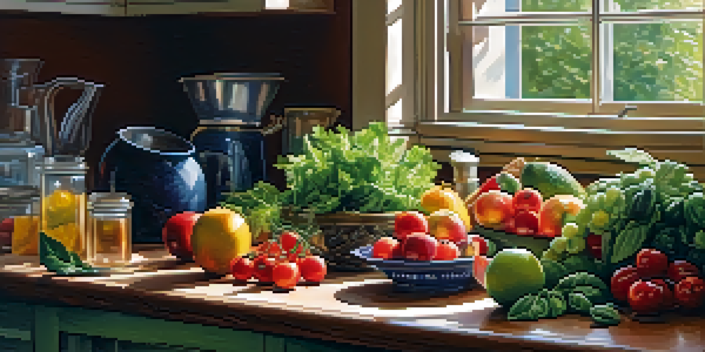 A bright kitchen with colorful fruits and vegetables on a wooden countertop, including a fresh salad bowl, illuminated by sunlight.