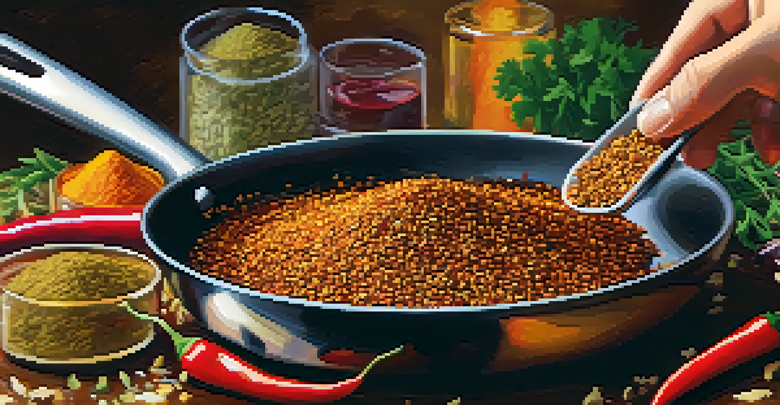 A close-up of spices being toasted in a skillet, with a blurred background of colorful vegetables.