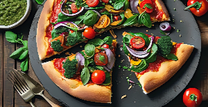 A delicious vegan pizza with colorful toppings on a rustic wooden table, accompanied by a small bowl of pesto.
