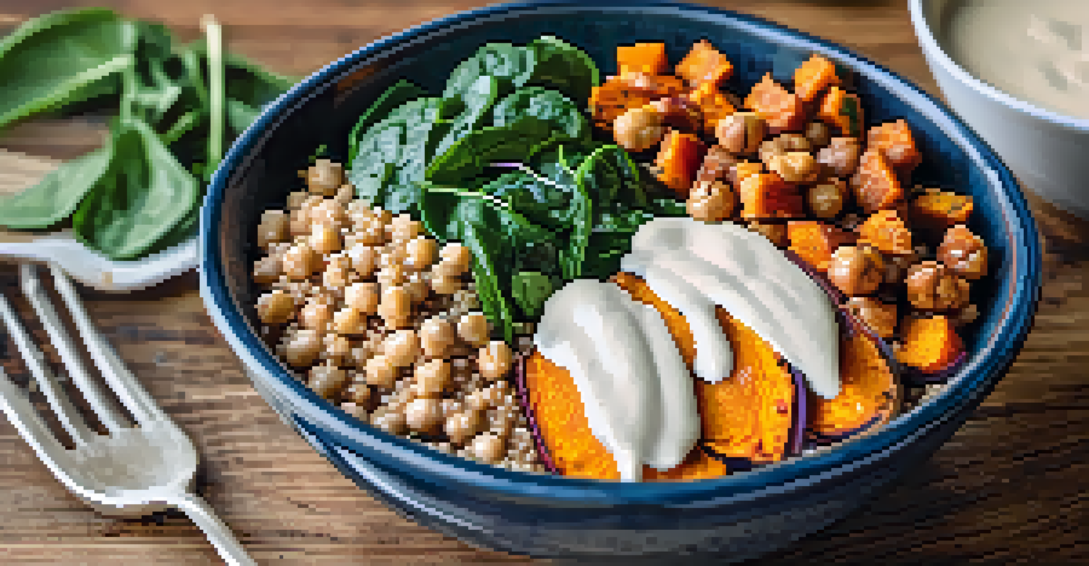 A colorful vegan grain bowl filled with quinoa, sweet potatoes, and chickpeas, artistically arranged on a rustic table, highlighting its freshness.