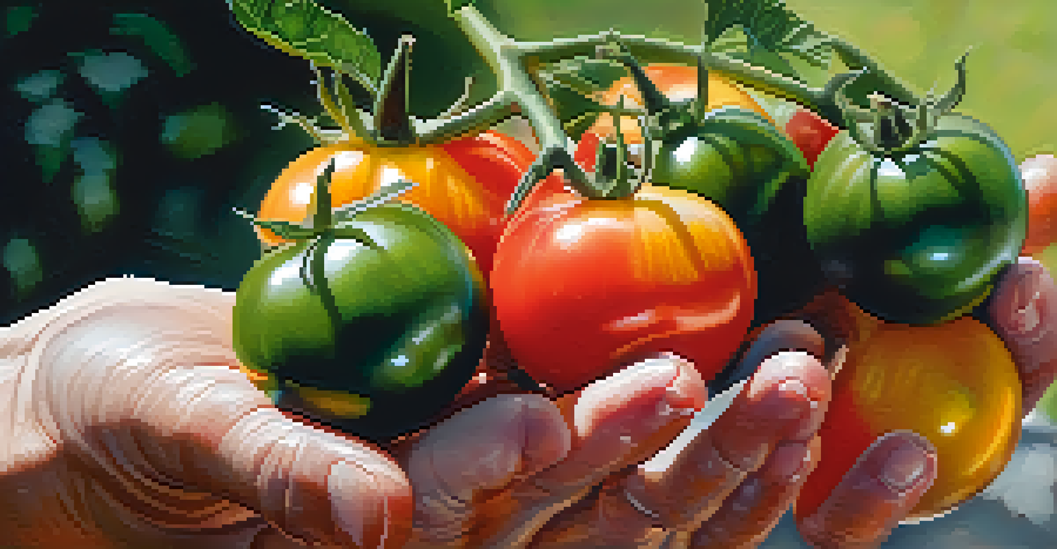 A close-up of hands holding vibrant heirloom tomatoes against a blurred green background.