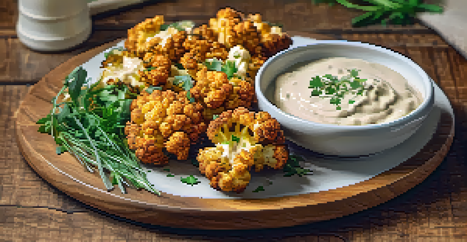 Close-up of golden roasted cauliflower bites with a tahini dip, garnished with herbs, on a rustic wooden table.