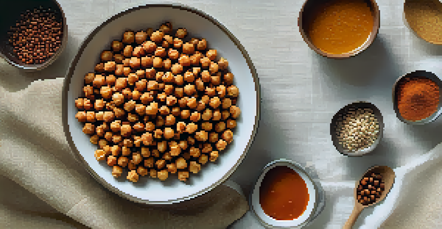 An overhead view of a plate filled with seasoned roasted chickpeas next to a small bowl of dipping sauce.
