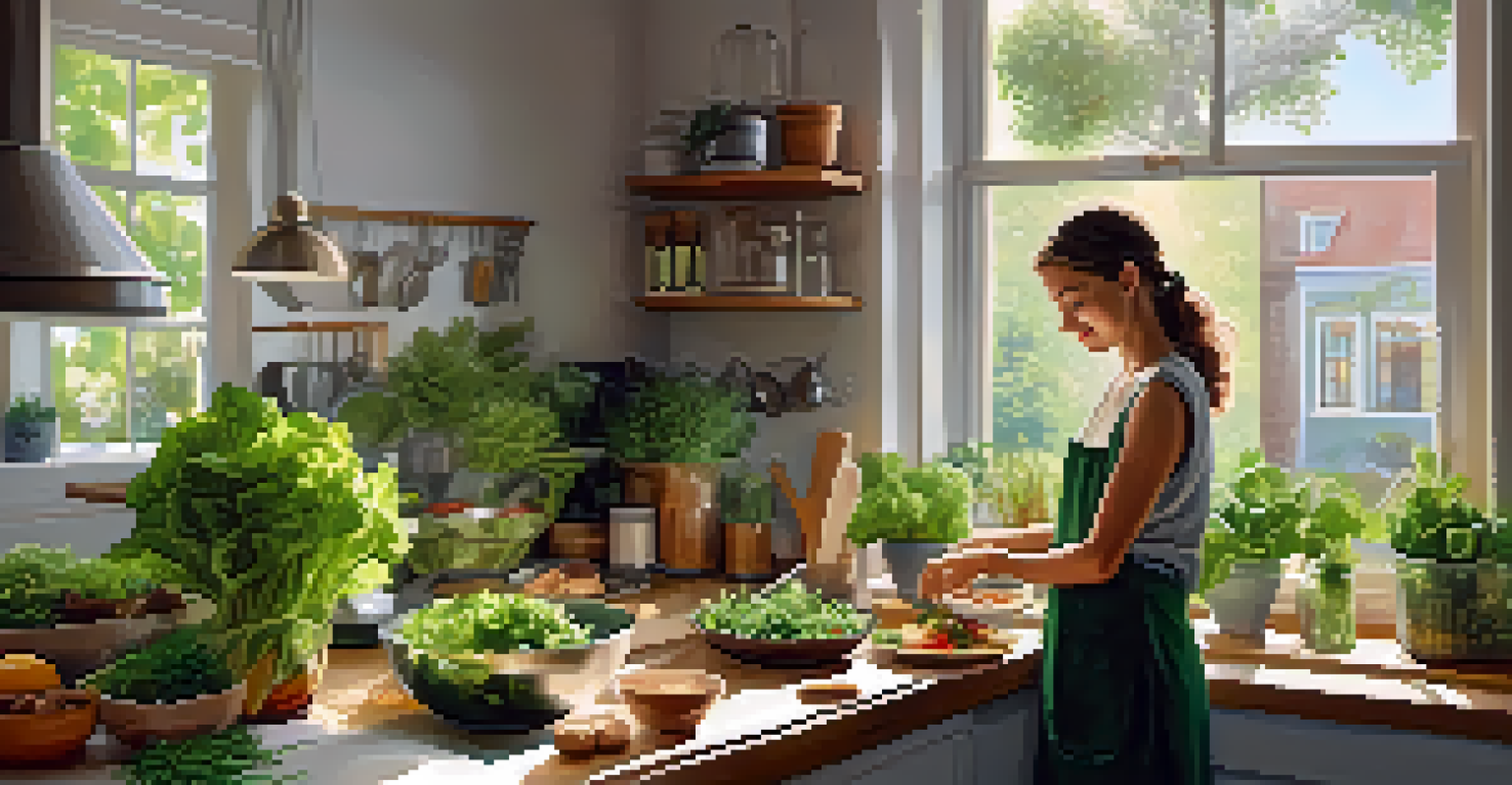 A person preparing a vibrant vegan salad with walnuts and seaweed in a sunlit kitchen.