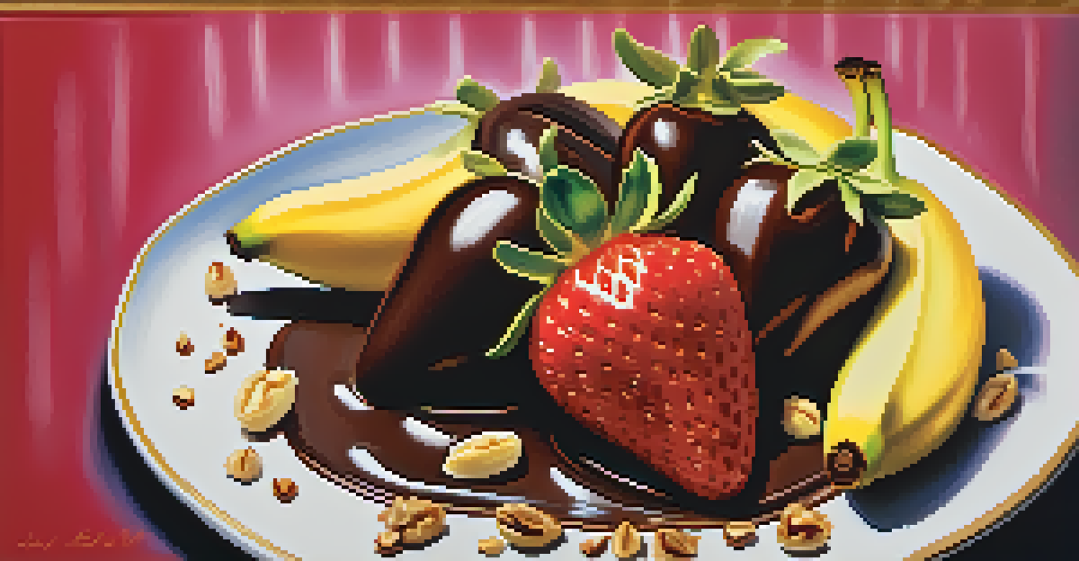 Close-up of chocolate-dipped strawberries and bananas on a plate, showcasing the shiny chocolate and vibrant fruit colors.