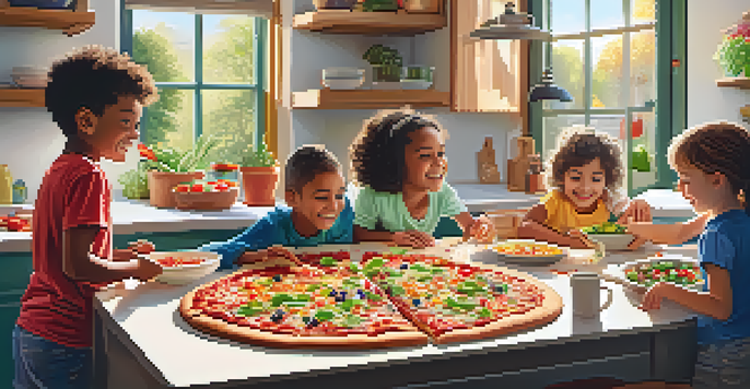 Children happily choosing toppings for their personalized pizzas at a kitchen table filled with colorful ingredients.