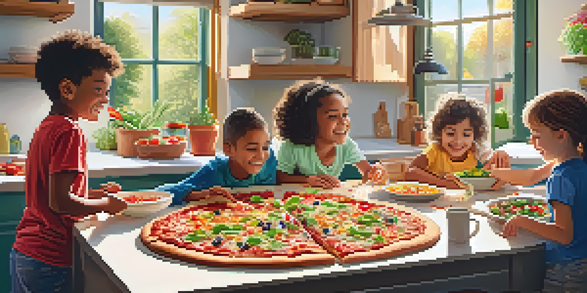 Children happily choosing toppings for their personalized pizzas at a kitchen table filled with colorful ingredients.