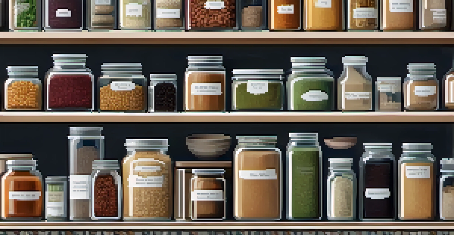 A well-organized pantry filled with jars of legumes, grains, and spices, complemented by a potted plant in soft lighting.