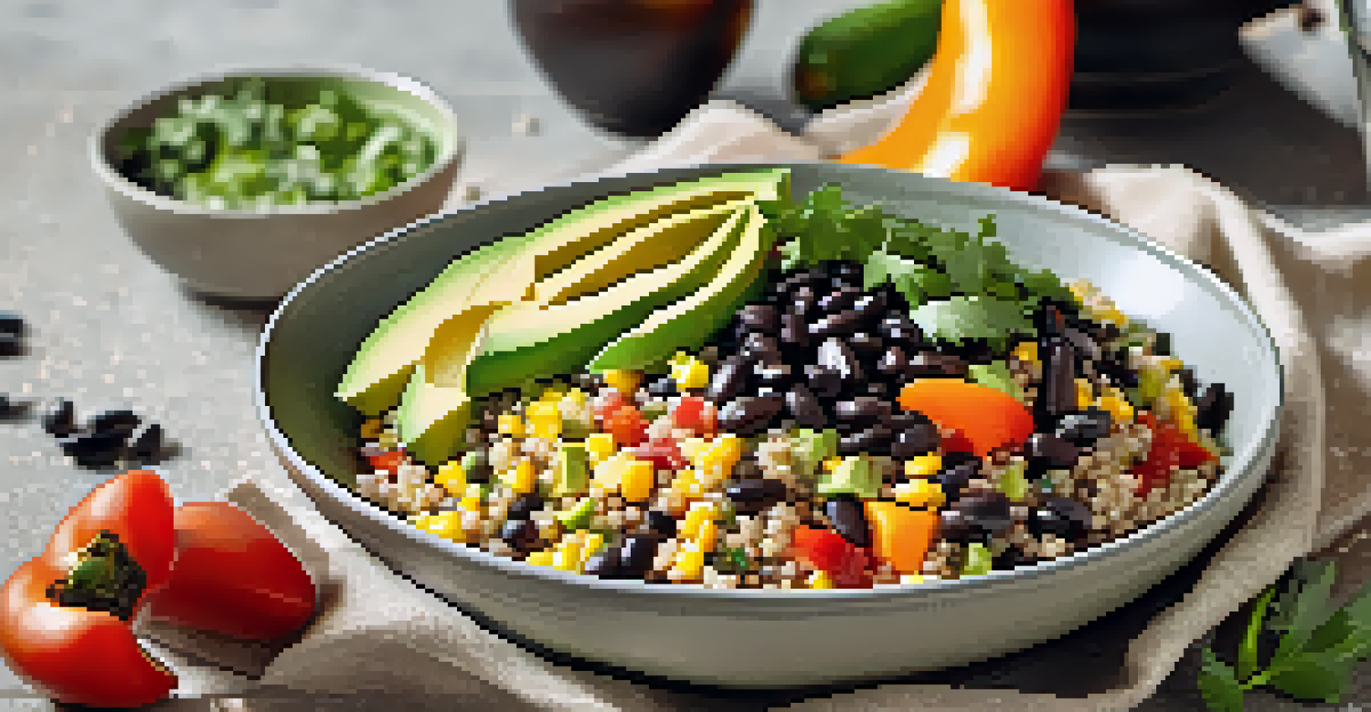 A quinoa bowl filled with black beans, corn, bell peppers, and avocado, with fresh herbs around it.