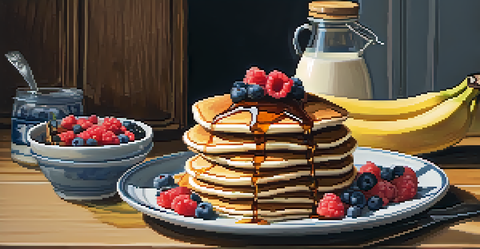 A stack of banana oatmeal pancakes topped with berries and maple syrup on a cozy breakfast table.