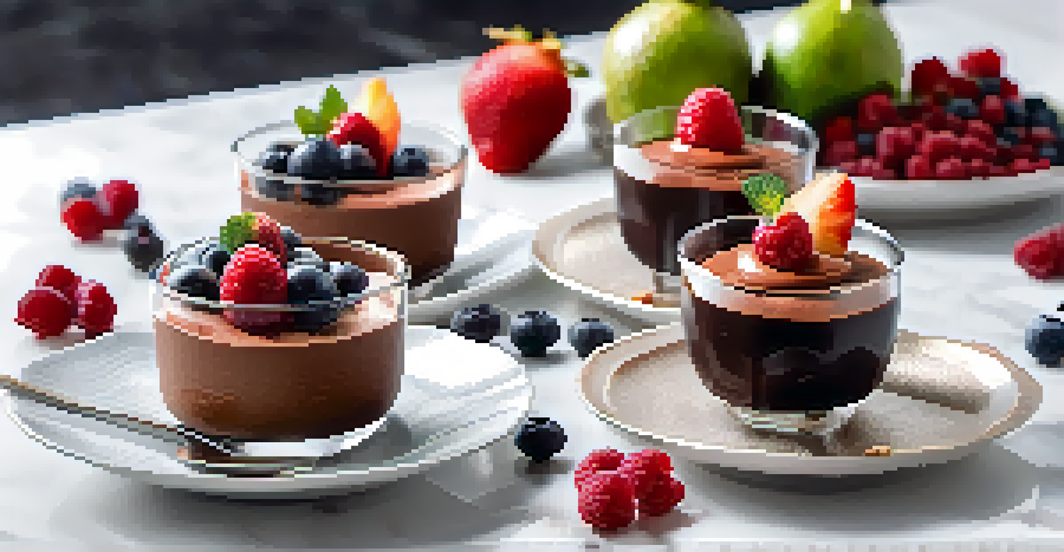 A close-up of rich chocolate avocado mousse and a fruit tart, beautifully presented on a marble countertop.