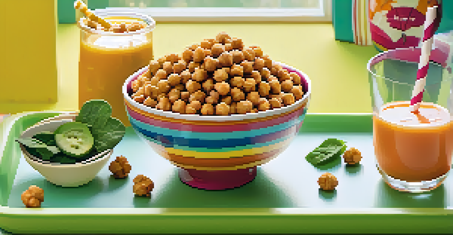 A kid-friendly snack spread with roasted chickpeas, a green smoothie, and assorted fresh fruit on a cheerful table.