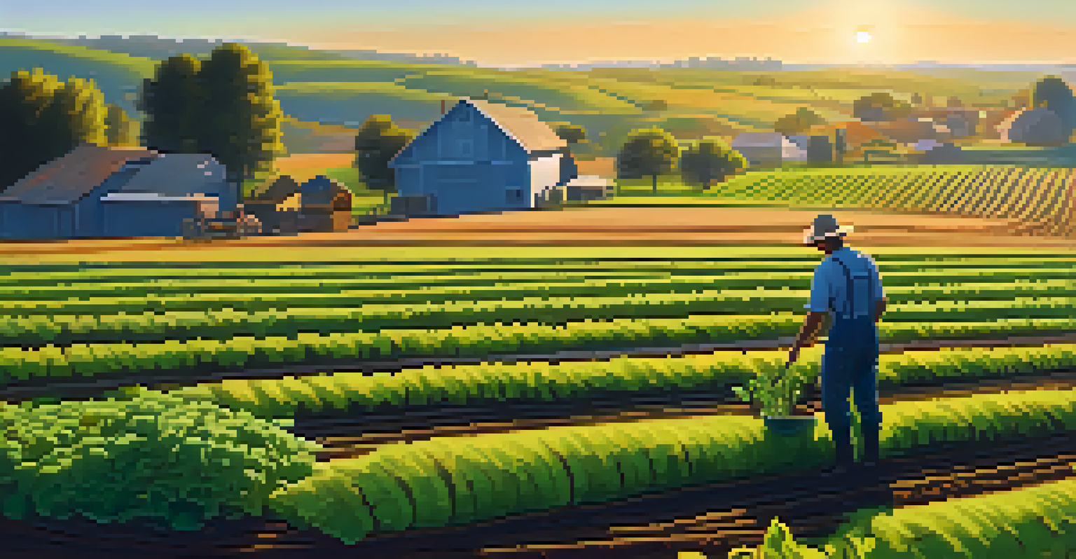 A lush green farm with rows of crops and a farmer planting seeds under a clear blue sky.