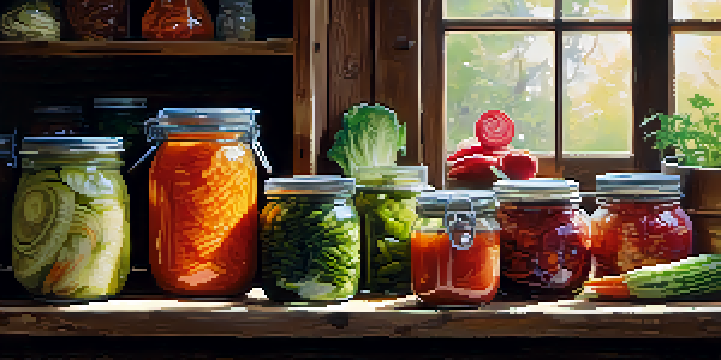 A bright kitchen filled with jars of colorful fermented foods like sauerkraut, kimchi, and pickles on a wooden table, surrounded by fresh vegetables and herbs.