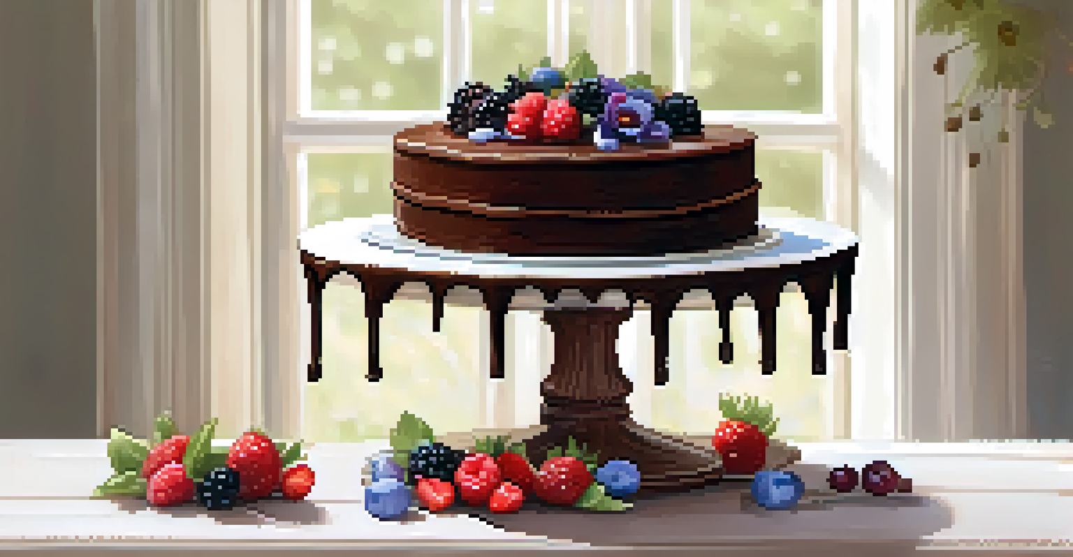 A vegan chocolate cake on a white stand, adorned with vegan frosting, fresh berries, and edible flowers, set on a rustic wooden table.