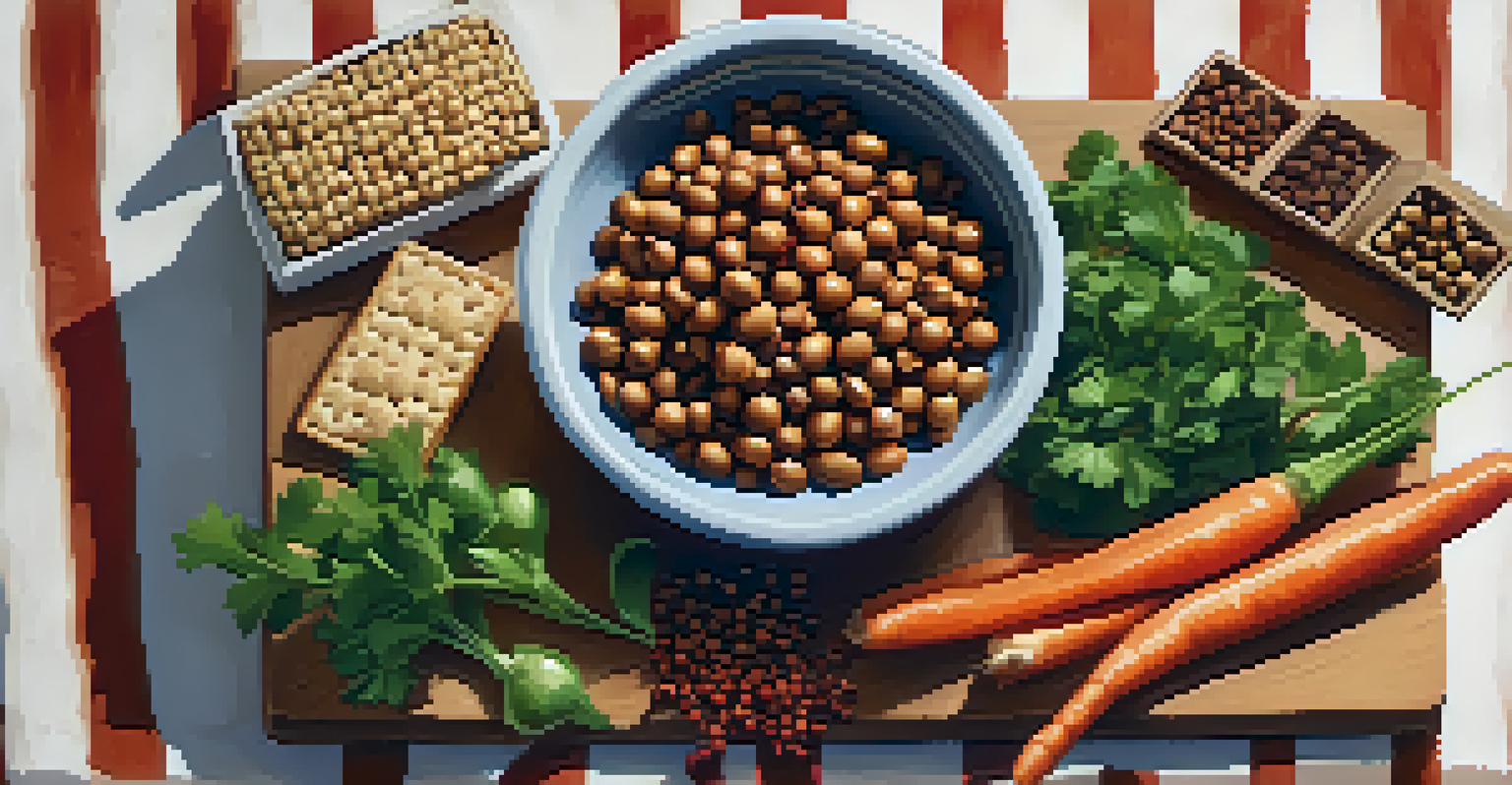 A bowl of roasted peas surrounded by spices and fresh vegetables on a wooden board.