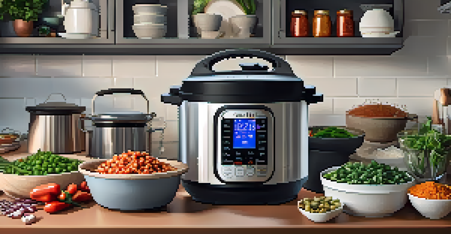 An Instant Pot filled with vegan chili, surrounded by bowls of fresh ingredients on a kitchen countertop, illuminated by soft lighting.