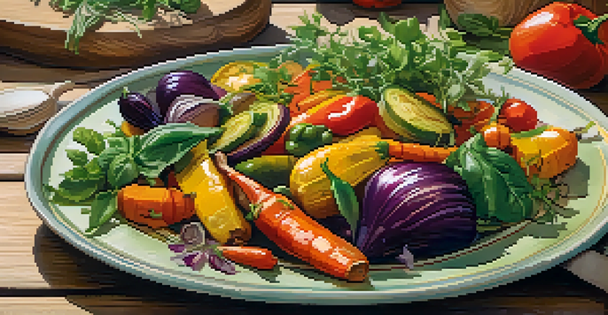 A colorful plate of roasted vegetables arranged in a rainbow pattern, adorned with fresh herbs, on a rustic wooden table under natural sunlight.