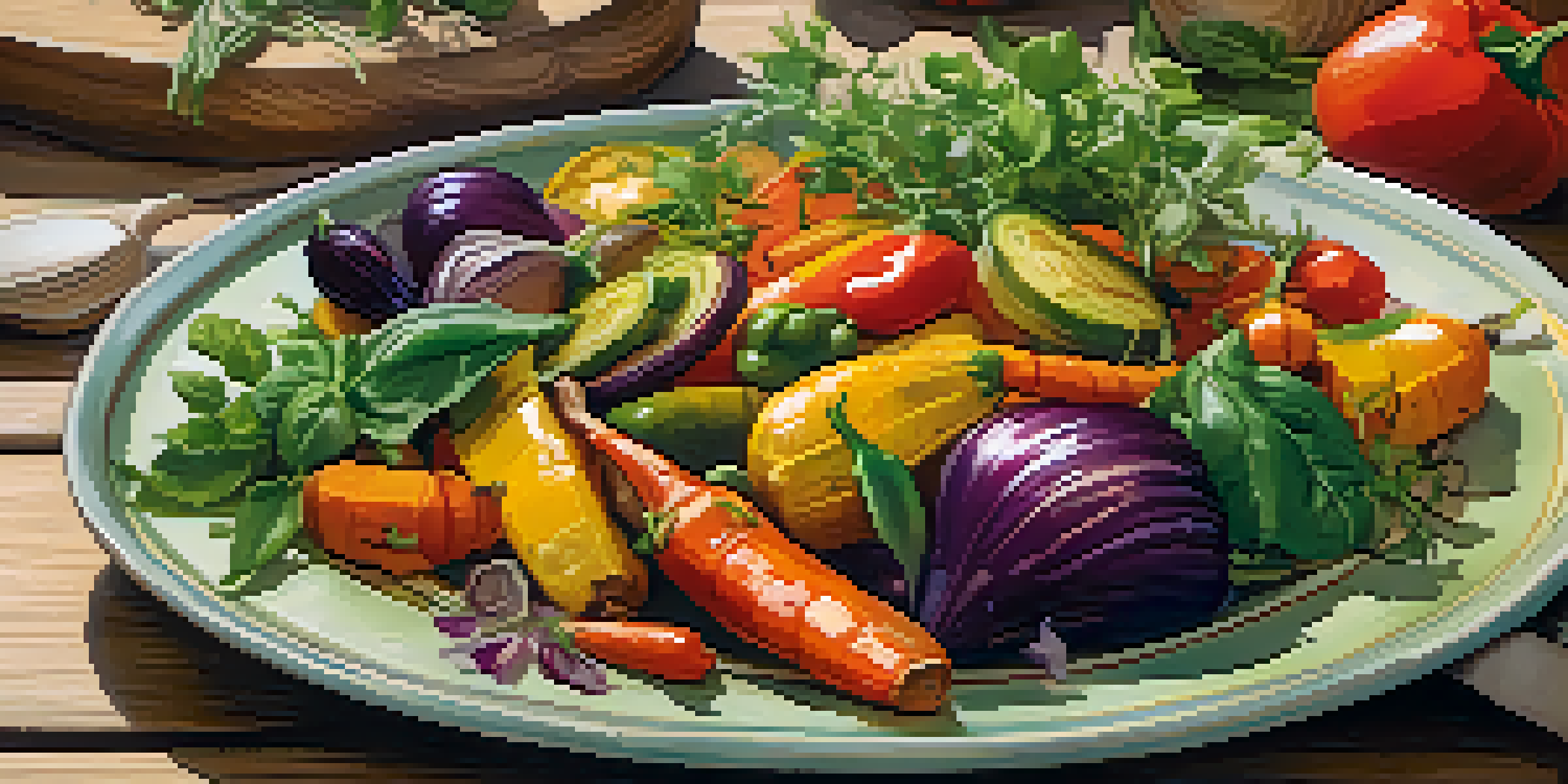 A colorful plate of roasted vegetables arranged in a rainbow pattern, adorned with fresh herbs, on a rustic wooden table under natural sunlight.