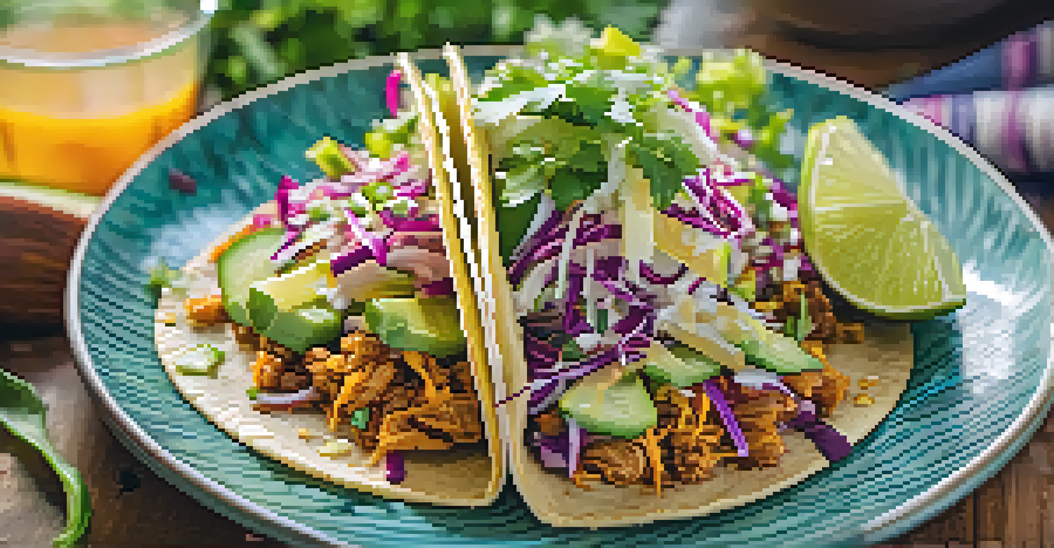 A close-up view of a jackfruit taco with slaw and lime dressing on a colorful plate, set against a blurred kitchen background.