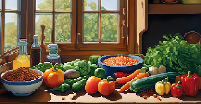 A colorful kitchen countertop filled with fresh vegetables and grains, illuminated by soft natural light.