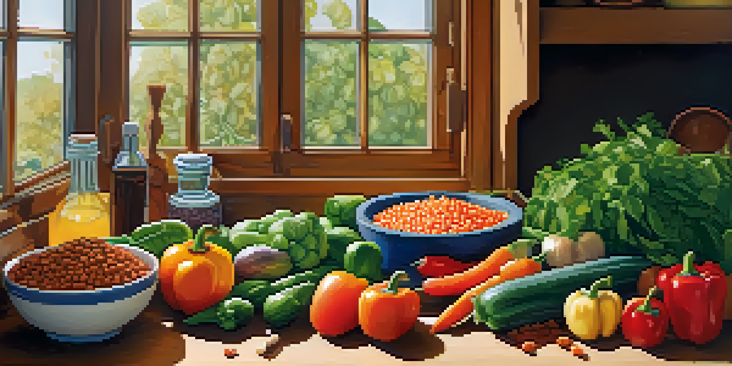 A colorful kitchen countertop filled with fresh vegetables and grains, illuminated by soft natural light.