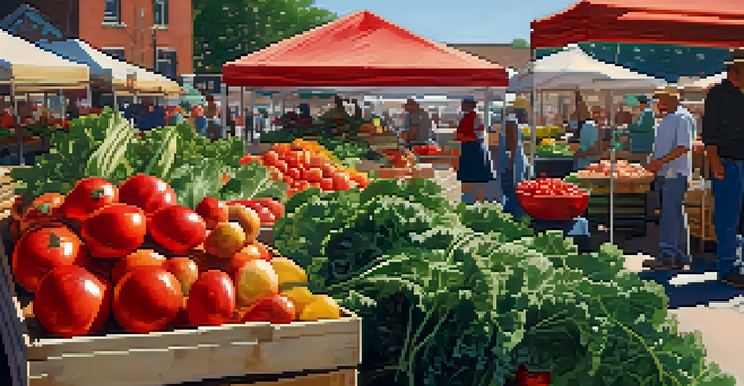 A busy farmers' market filled with colorful seasonal vegetables and fruits in baskets, with people interacting with local vendors.