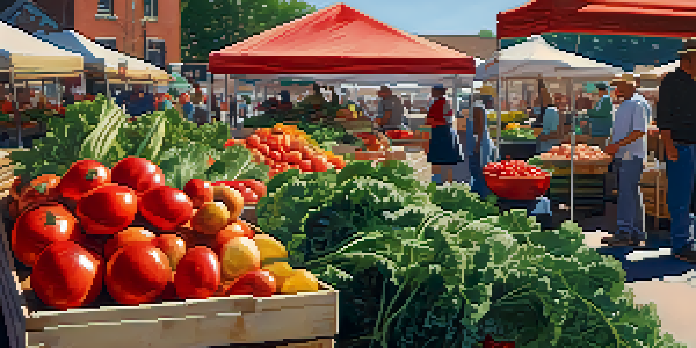 A busy farmers' market filled with colorful seasonal vegetables and fruits in baskets, with people interacting with local vendors.