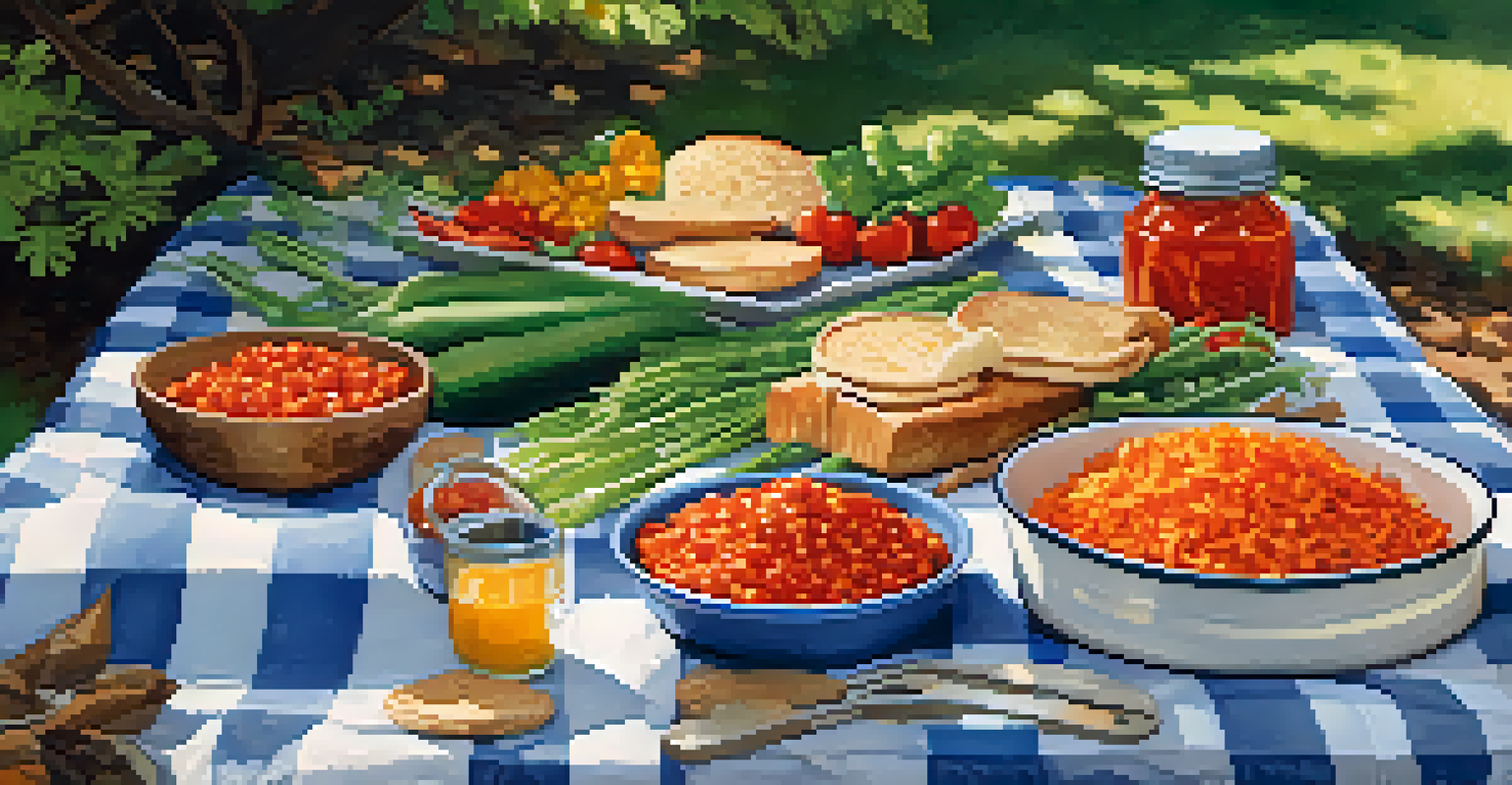 An outdoor picnic with jars of carrot relish and spicy salsa on a checkered blanket under a tree, with fresh vegetables around, in a sunny setting.