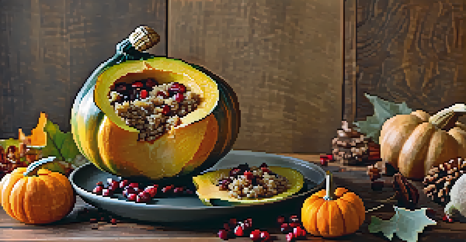 A beautifully stuffed acorn squash with quinoa and cranberries, displayed on a fall-themed table with decorations.