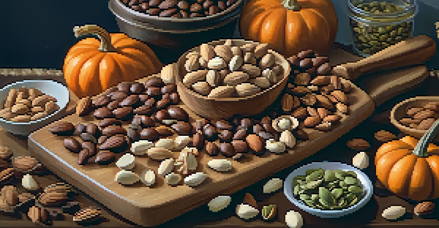 A cutting board with assorted nuts, seeds, and a bowl of dark chocolate pieces, in a softly lit kitchen.
