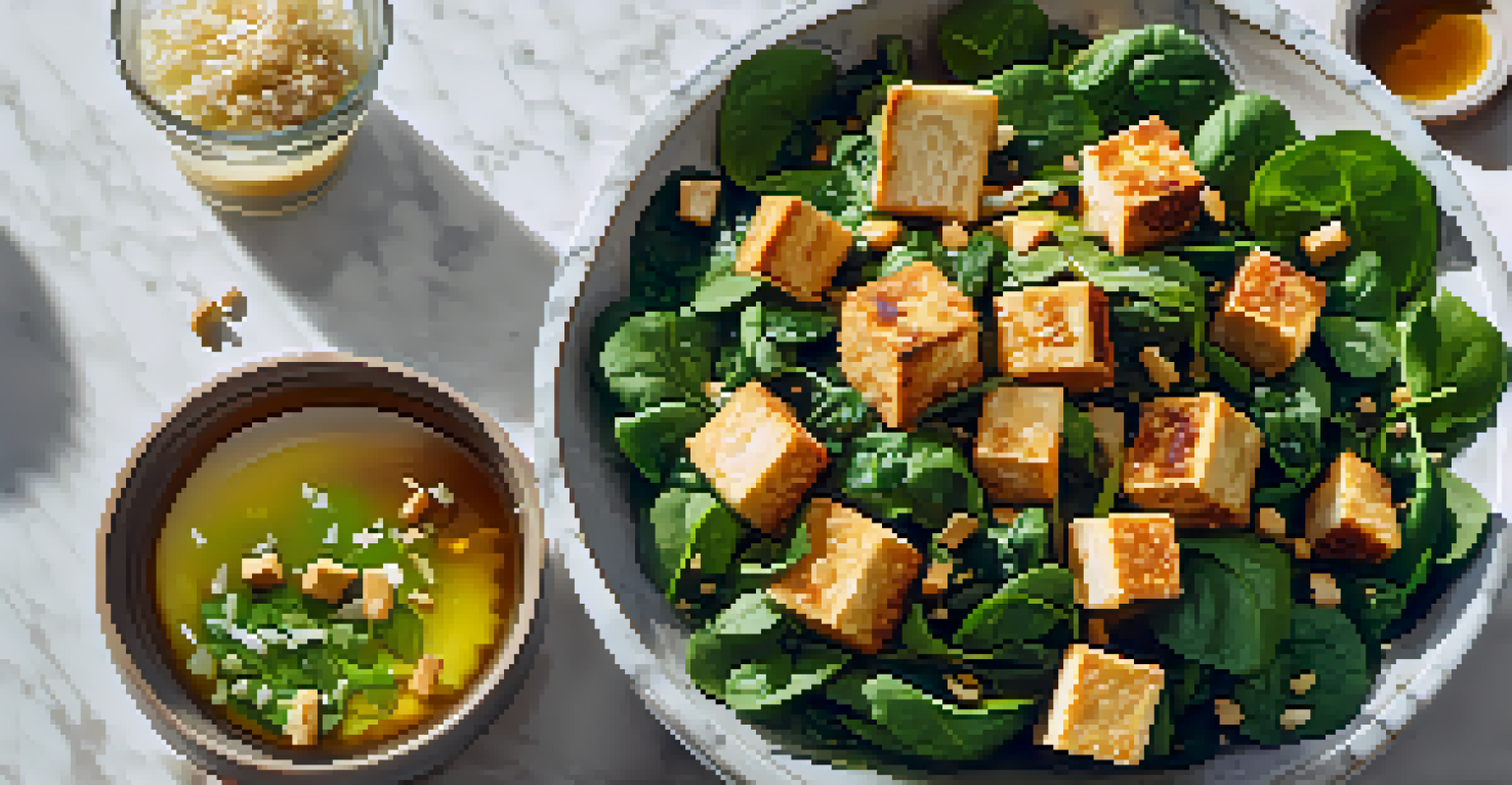 A glass bowl filled with a salad of fresh spinach and crispy tofu, garnished with garlic and soy sauce, set on a marble countertop.