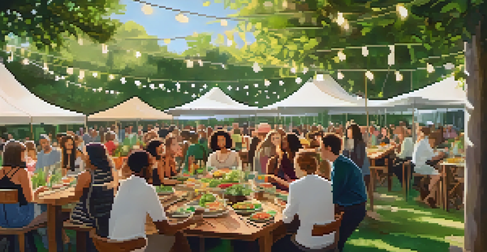 A lively plant-based tasting event with a long wooden table filled with colorful vegan dishes and diverse attendees enjoying the food in a sunny, green outdoor setting.