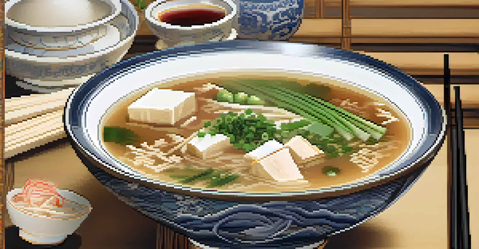 A close-up of a bowl of steaming miso soup with tofu and green onions, alongside a side of kimchi on a ceramic plate.